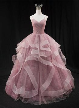 Picture of Pink Sweetheart Tulle Long Evening Dresses Prom Dresses, Pink Sweet 16 Gown